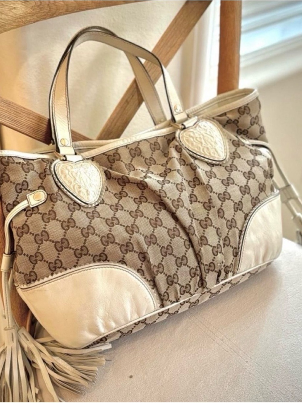 Gucci Vintage Tribeca Small Beige GG Canvas and Off White Leather Tote Bag
